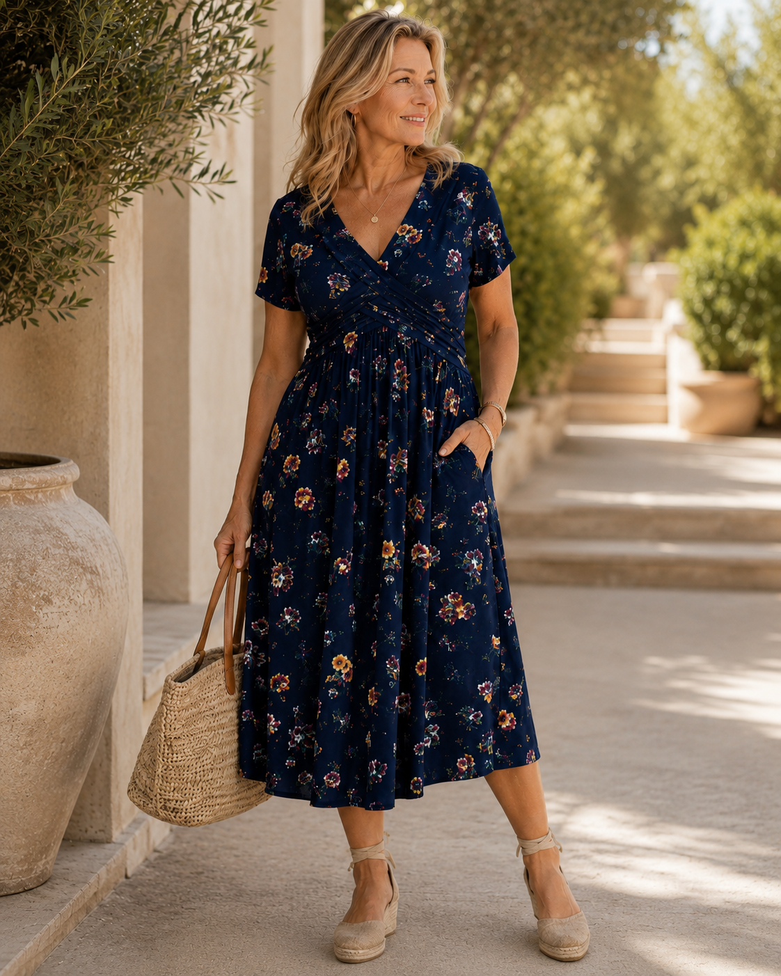 Floral V-Neck Midi Dress with Pockets