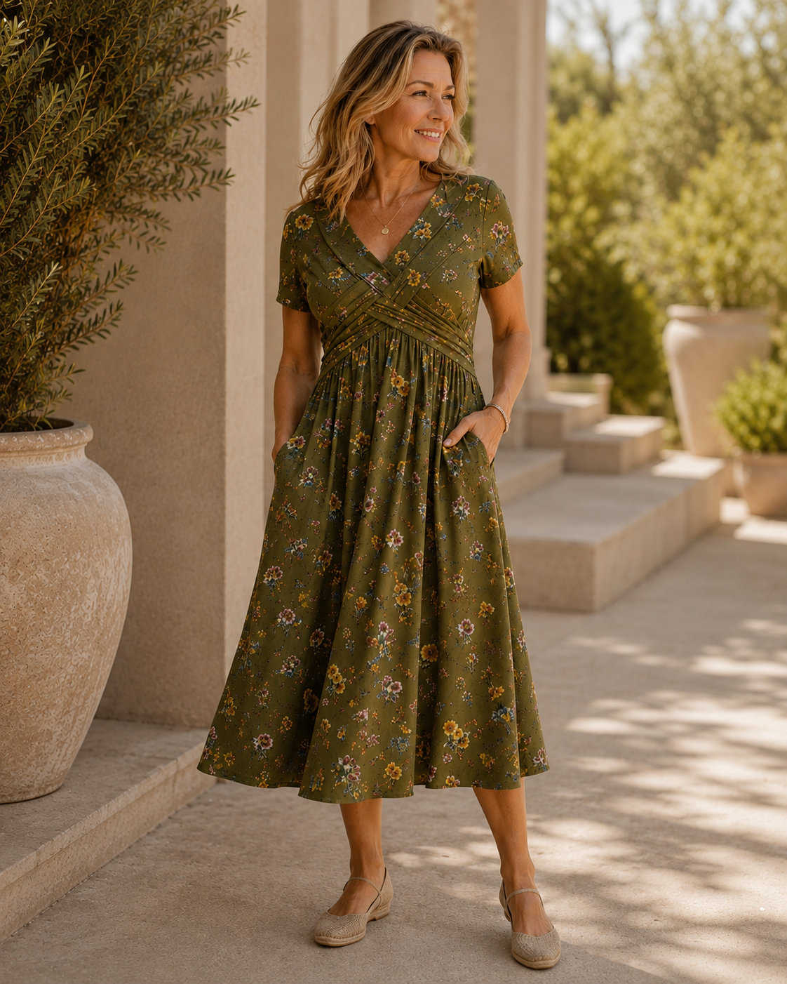 Floral V-Neck Midi Dress with Pockets