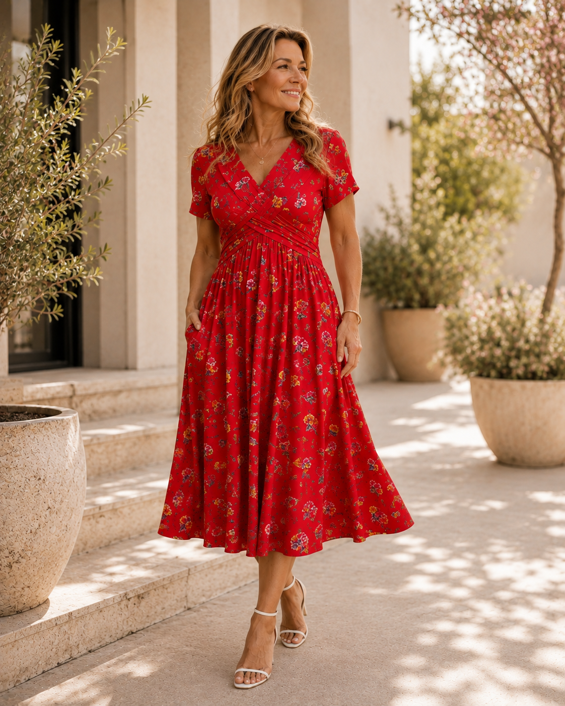 Floral V-Neck Midi Dress with Pockets