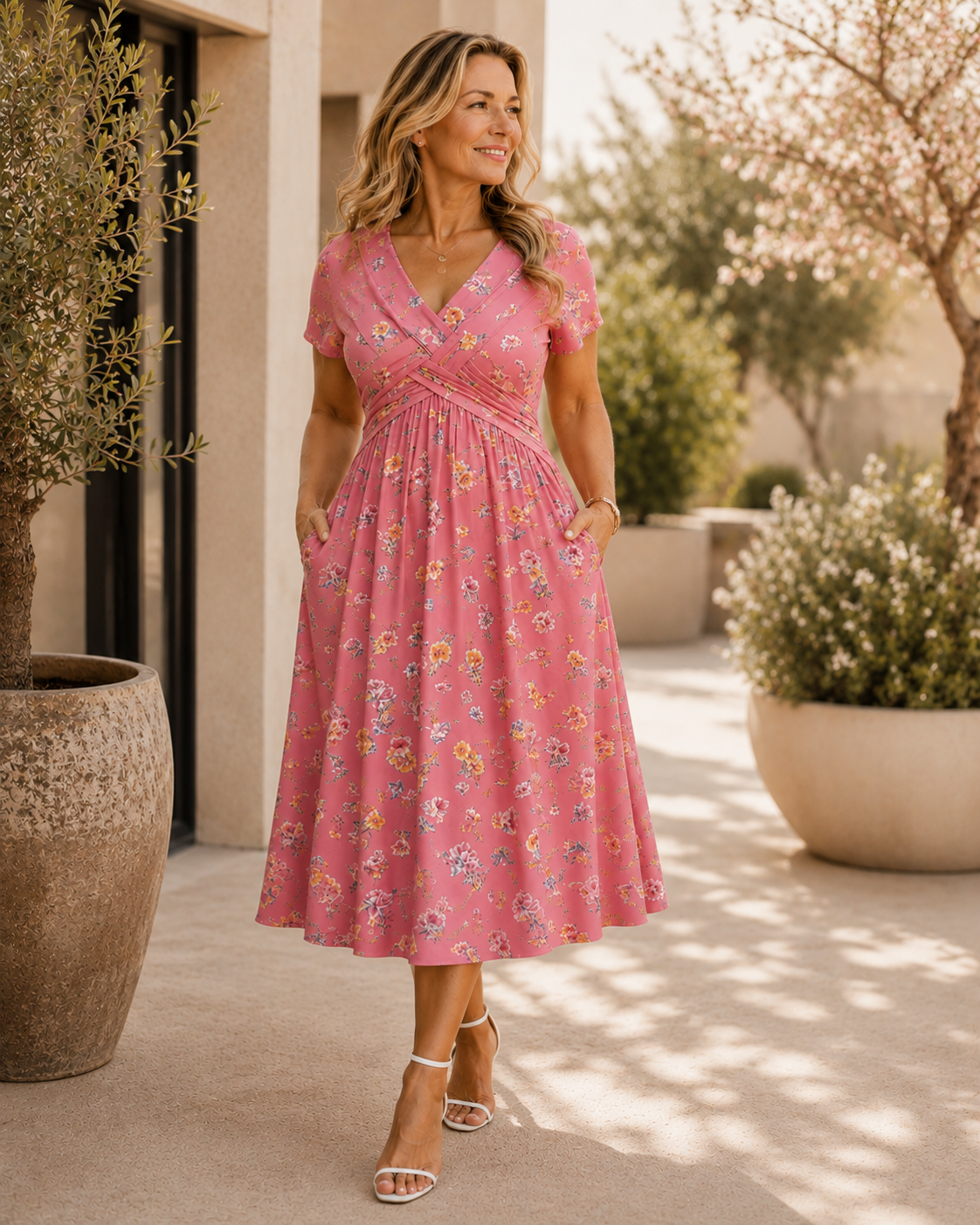 Floral V-Neck Midi Dress with Pockets