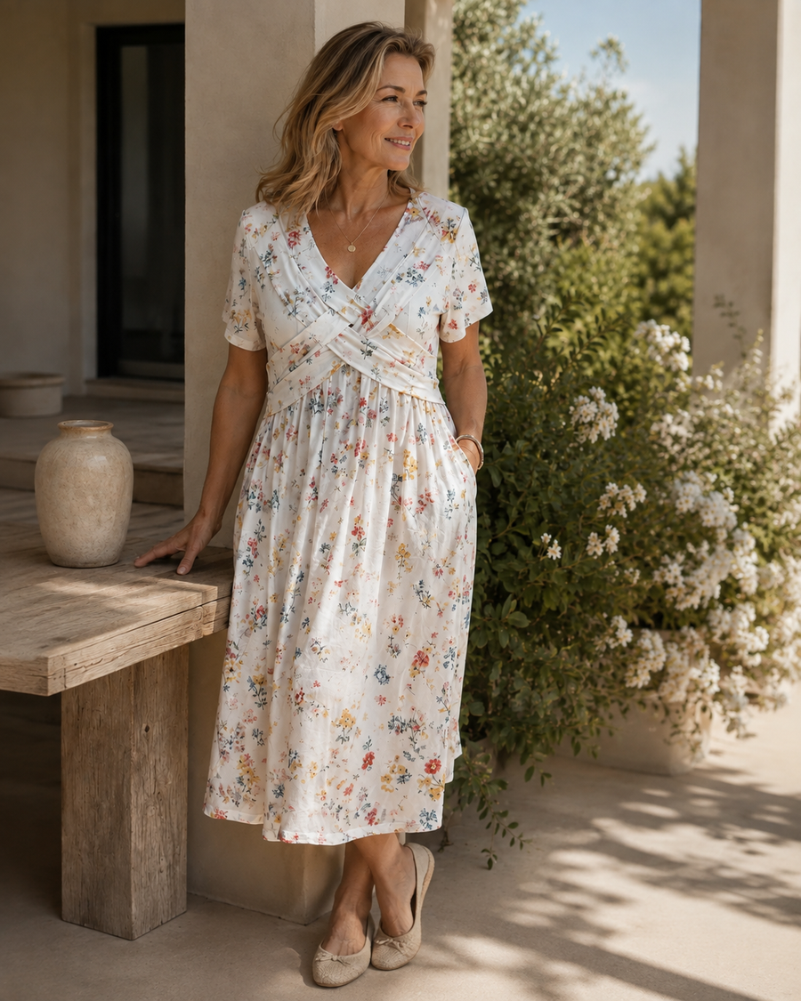 Floral V-Neck Midi Dress with Pockets