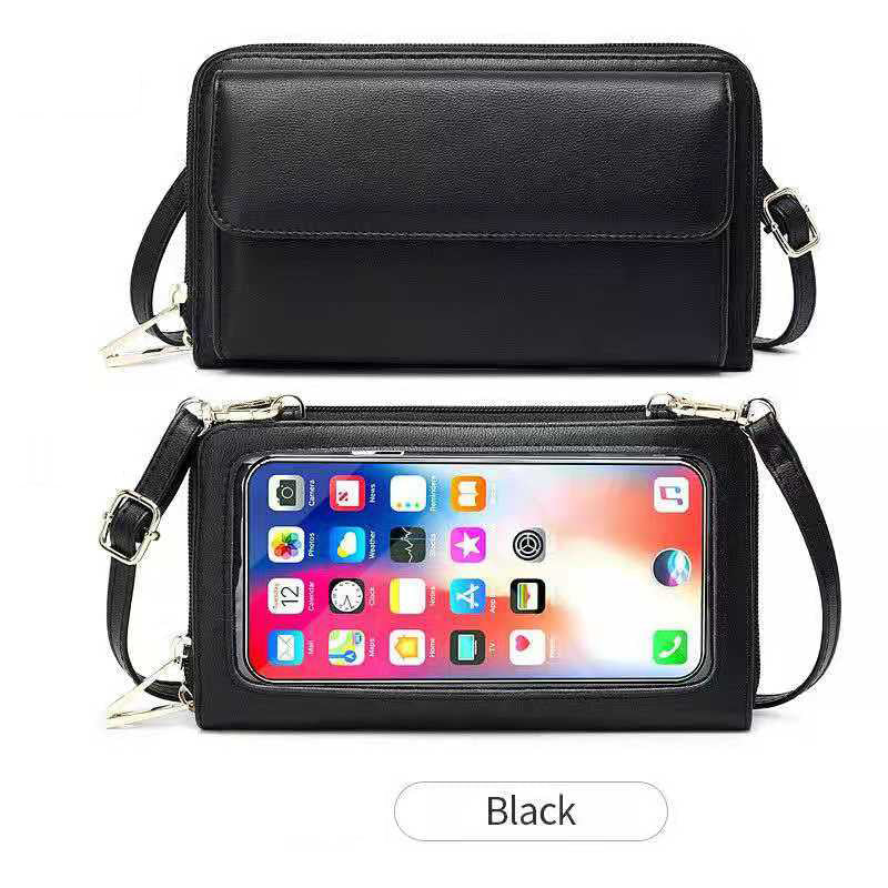 Front and clear touchscreen phone window of the black Louari bag
