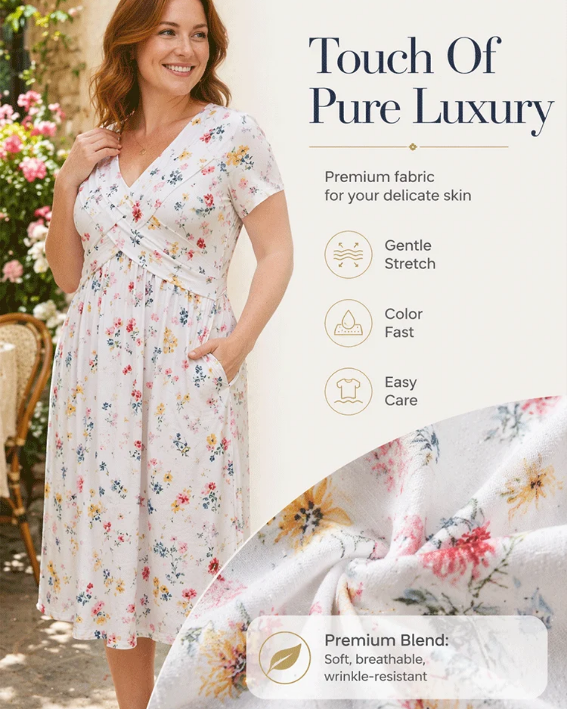 Floral V-Neck Midi Dress with Pockets