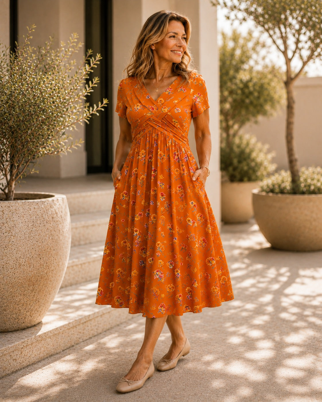 Floral V-Neck Midi Dress with Pockets